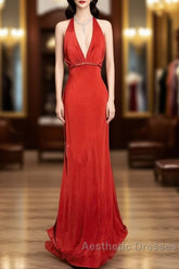 Vintage Mermaid Halter Satin Red Evening Prom Gown Fairy Evening Prom Dresses